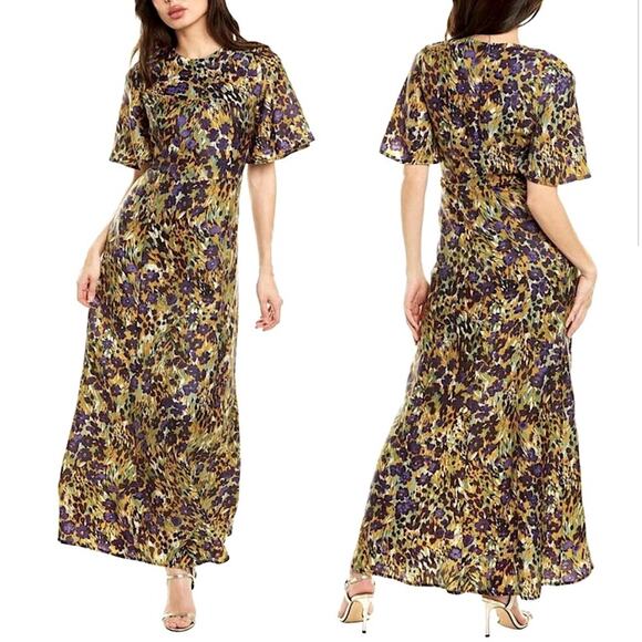 J. McLaughlin Giovanna Silk-Blend Maxi Dress Women's 6 Floral Flutter Sleeve - Picture 1 of 8